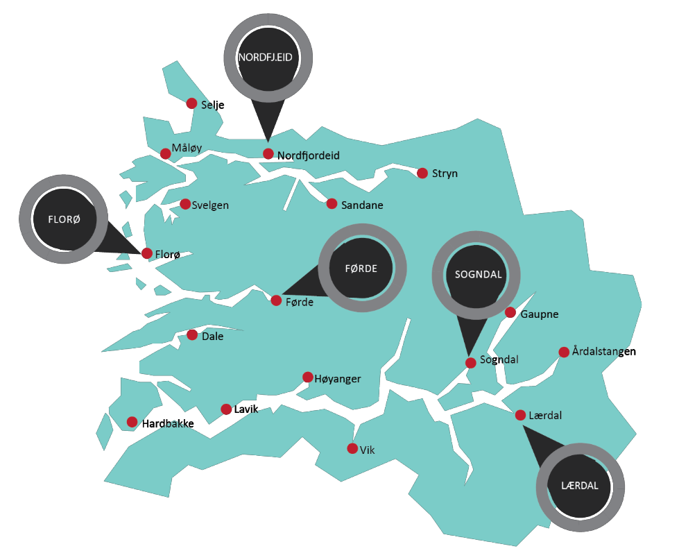 kart over dei ulike geografiske lokasjonane til Helse Førde i gamle Sogn og Fjordane