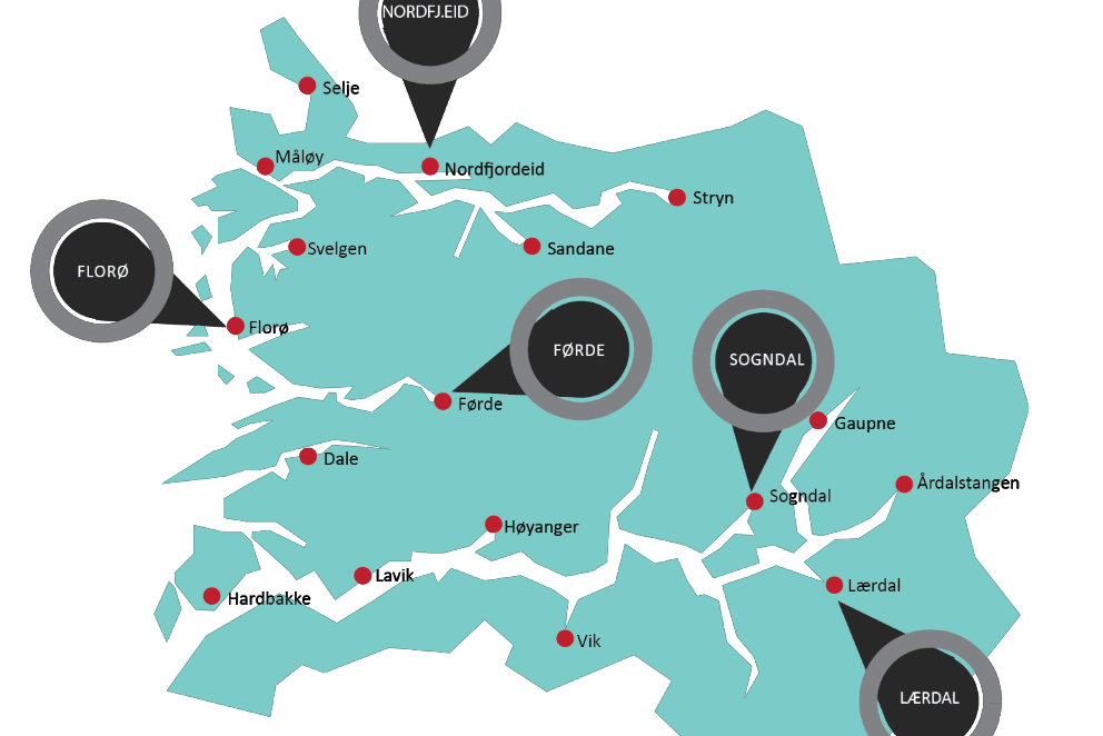 kart over de ulike geografiske lokasjonene til Helse Førde i gamle Sogn og Fjordane