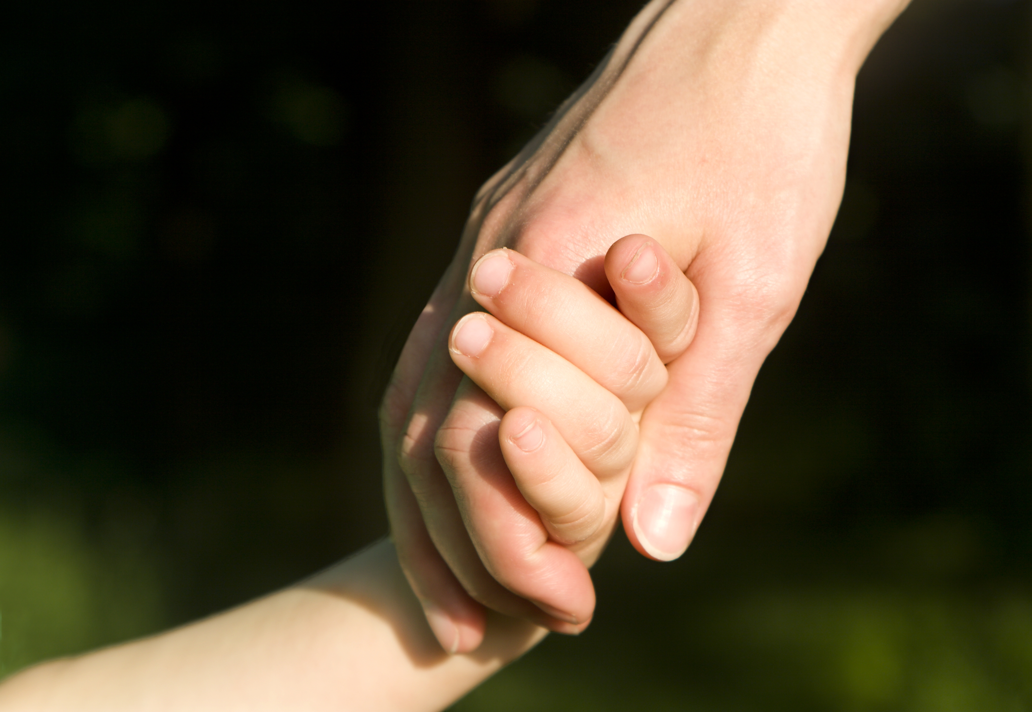 Eit nærbilde av ei vaksen hand som held i ei barnehand.