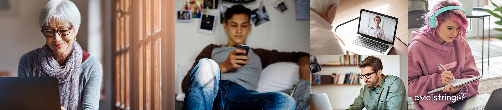 eit sammensett bilde av ei eldre dame som sit med ein pc, ein ung gut med mobiltelefon, ein ung mann som har videosamtale med ein behandlar, og ei tenåringsjente som skriv i ei bok