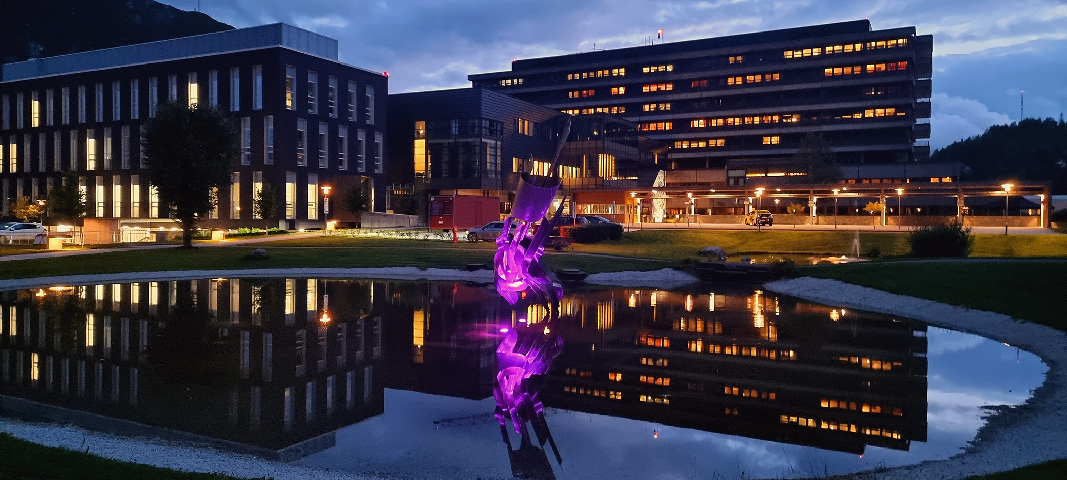 Kveldsstemning ved dammen framfor Førde sentralsjukehus. 