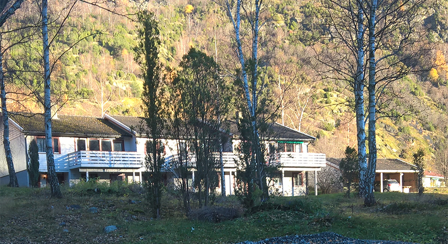 Kvite rekkehus med skog i bakgrunnen