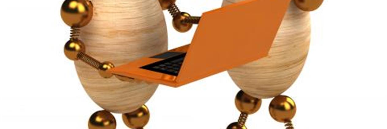 illustrasjon av to figurar som held ei bærbar datamaskin