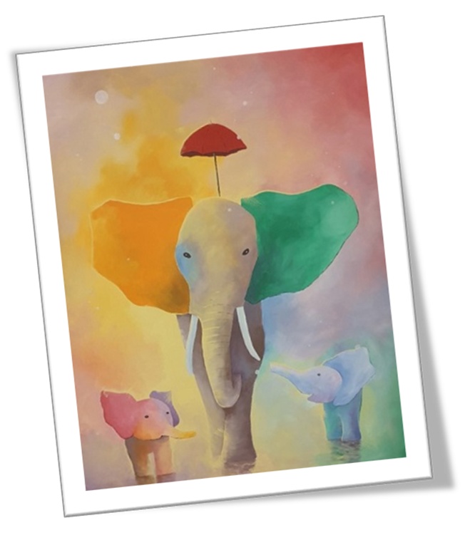 Ein fargerik illustrasjon av ein stor elefant og to små elefantar